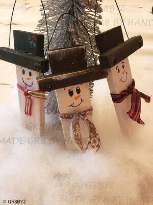 SET of 3 Handmade wood snowman Christmas tree ornaments