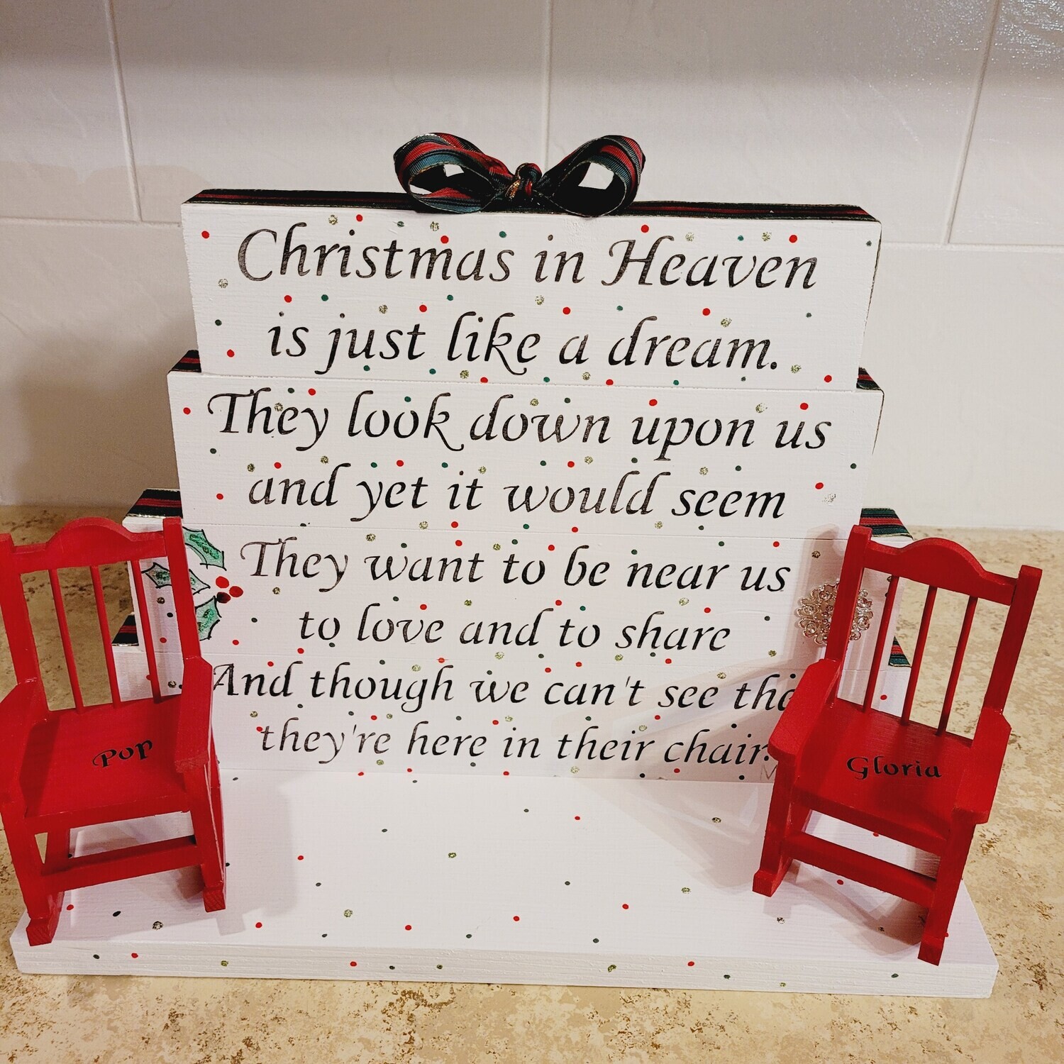 Christmas in Heaven Sign with 2 chairs with names on chairs