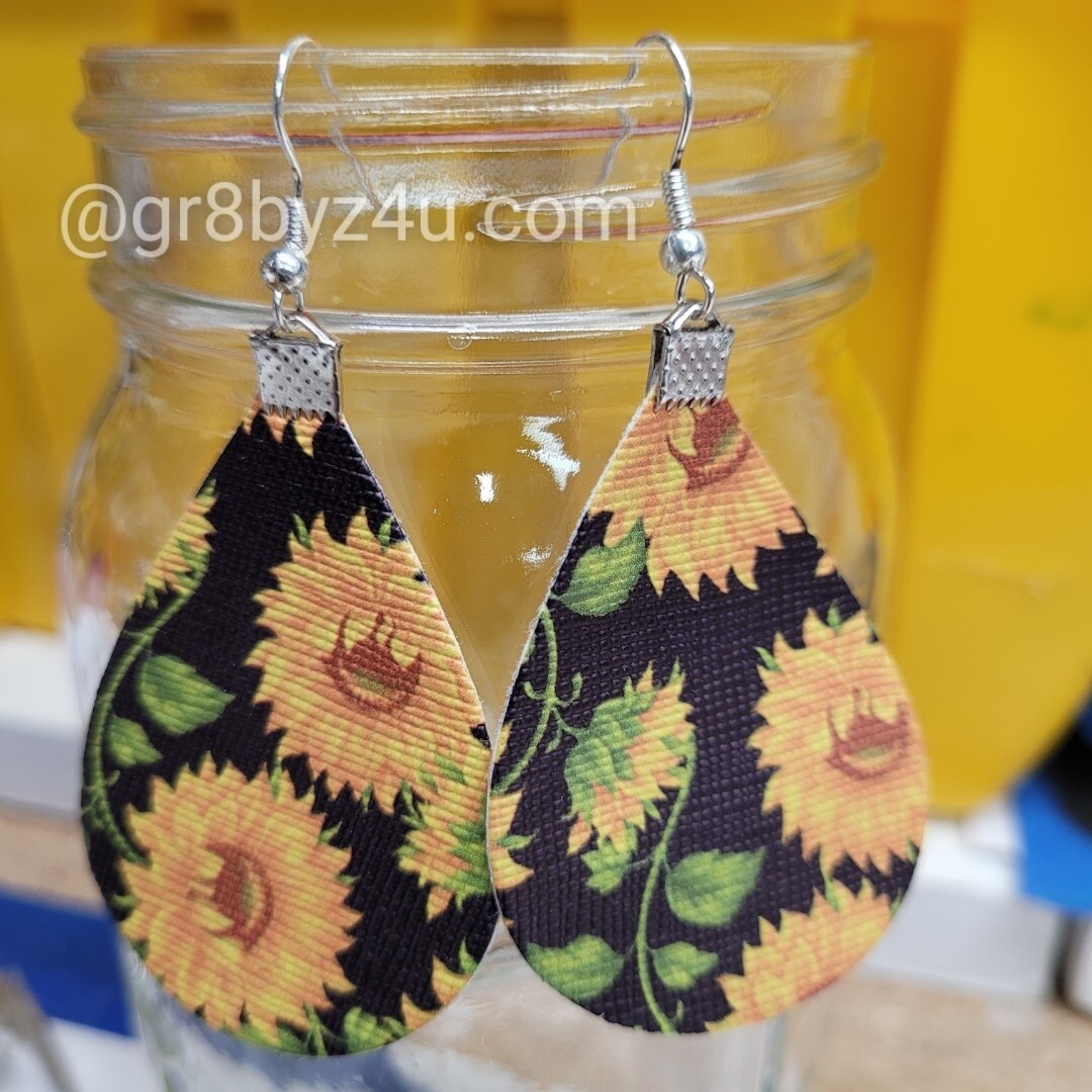 Sunflower print faux leather earrings