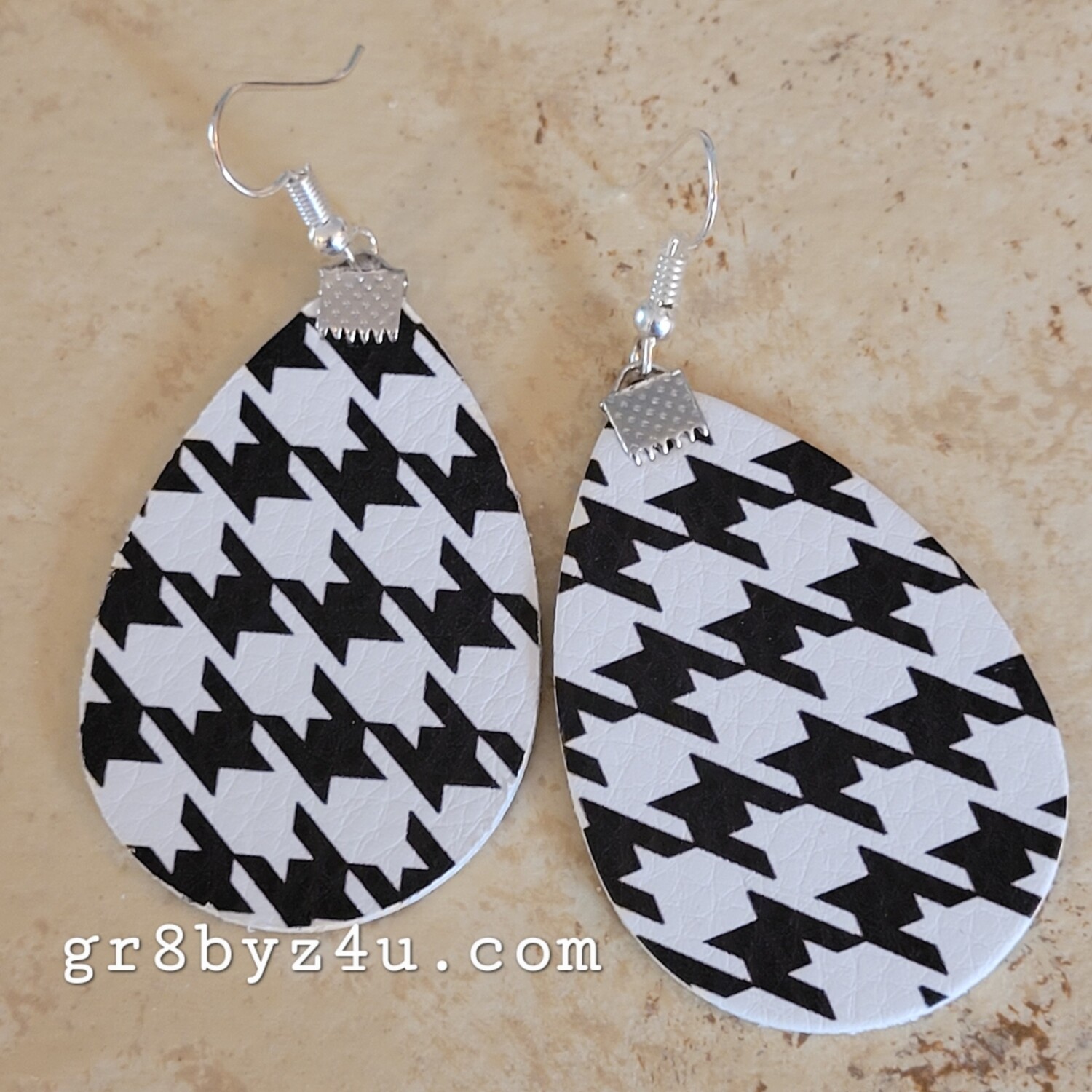 Black and white houndstooth faux leather earrings