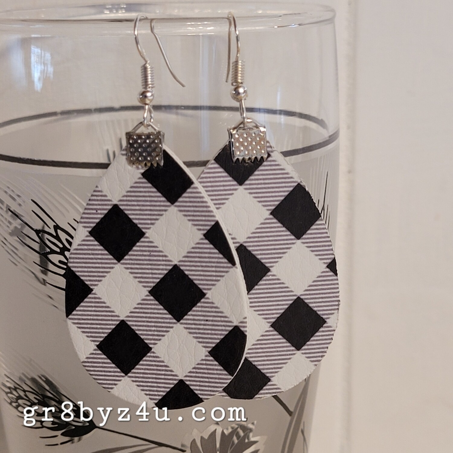 Black and white plaid faux leather earrings