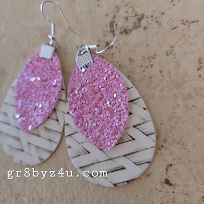2 layer white print and pink glitter faux leather earrings