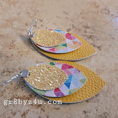 3 layer yellow and pastel print glitter faux leather earrings