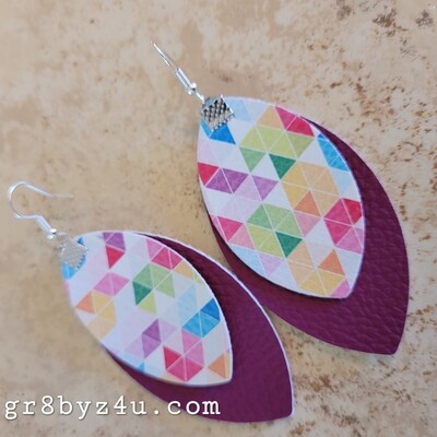 2 layer mosaic print and raspberry faux leather earrings