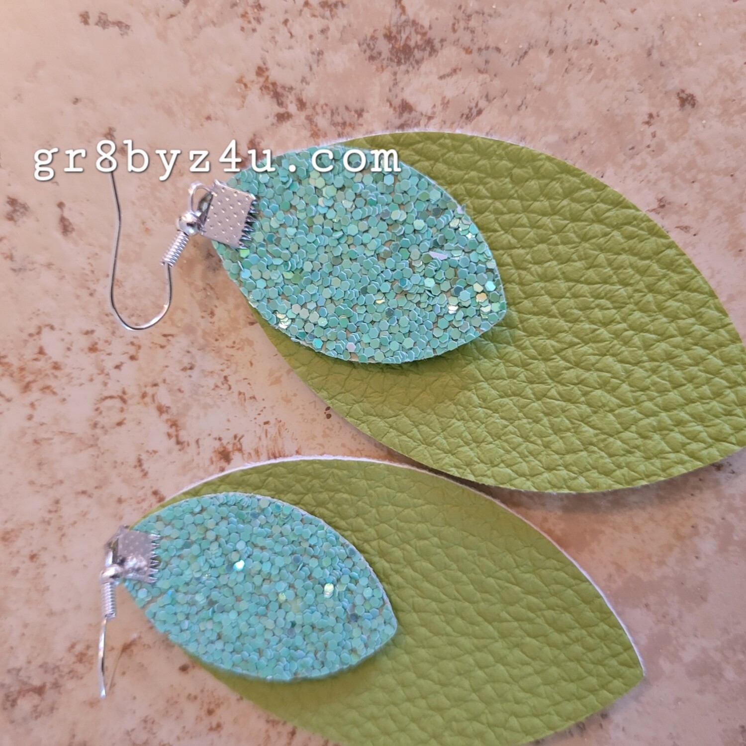 2 layer green and blue glitter faux leather earrings