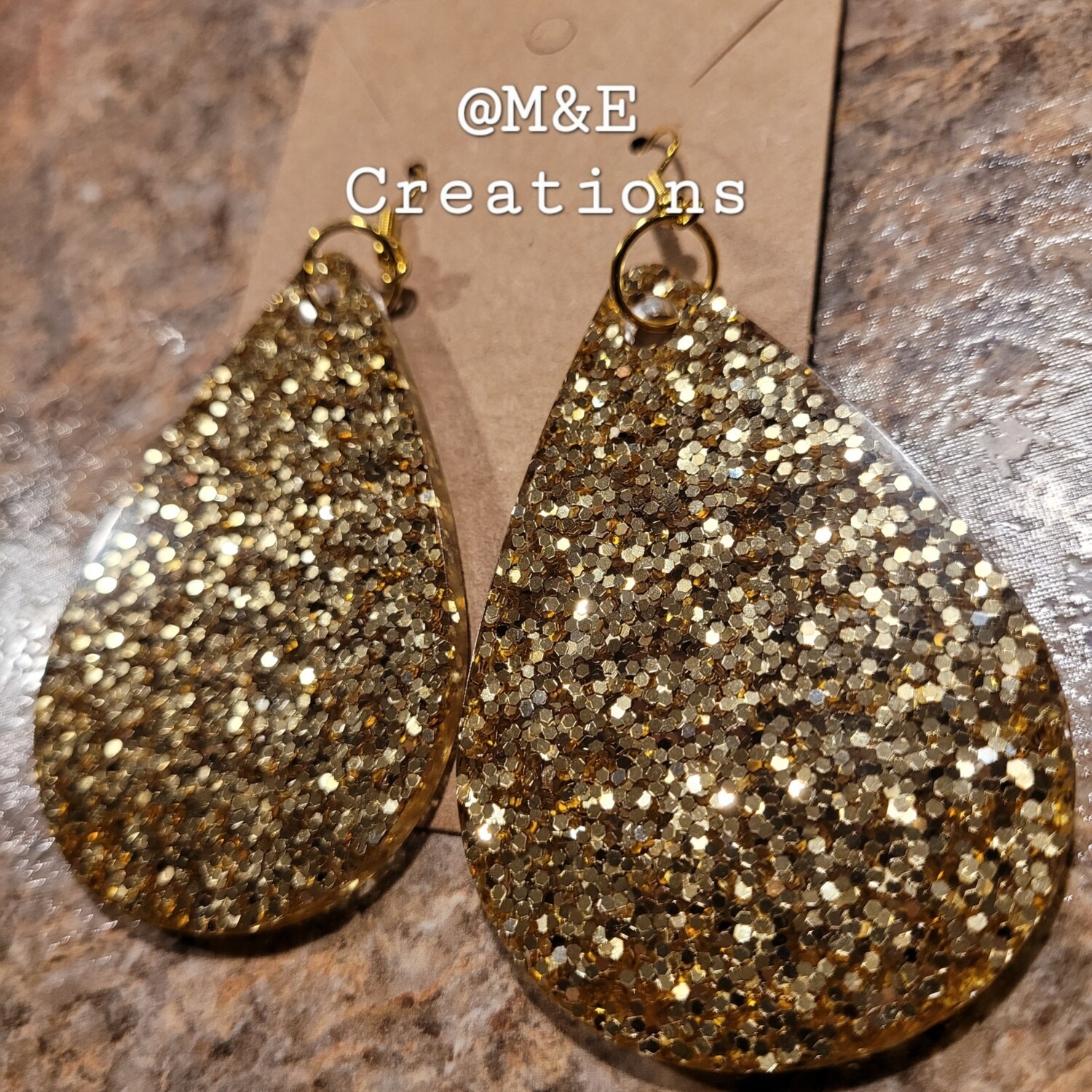 M&E Creations resin gold glitter earrings