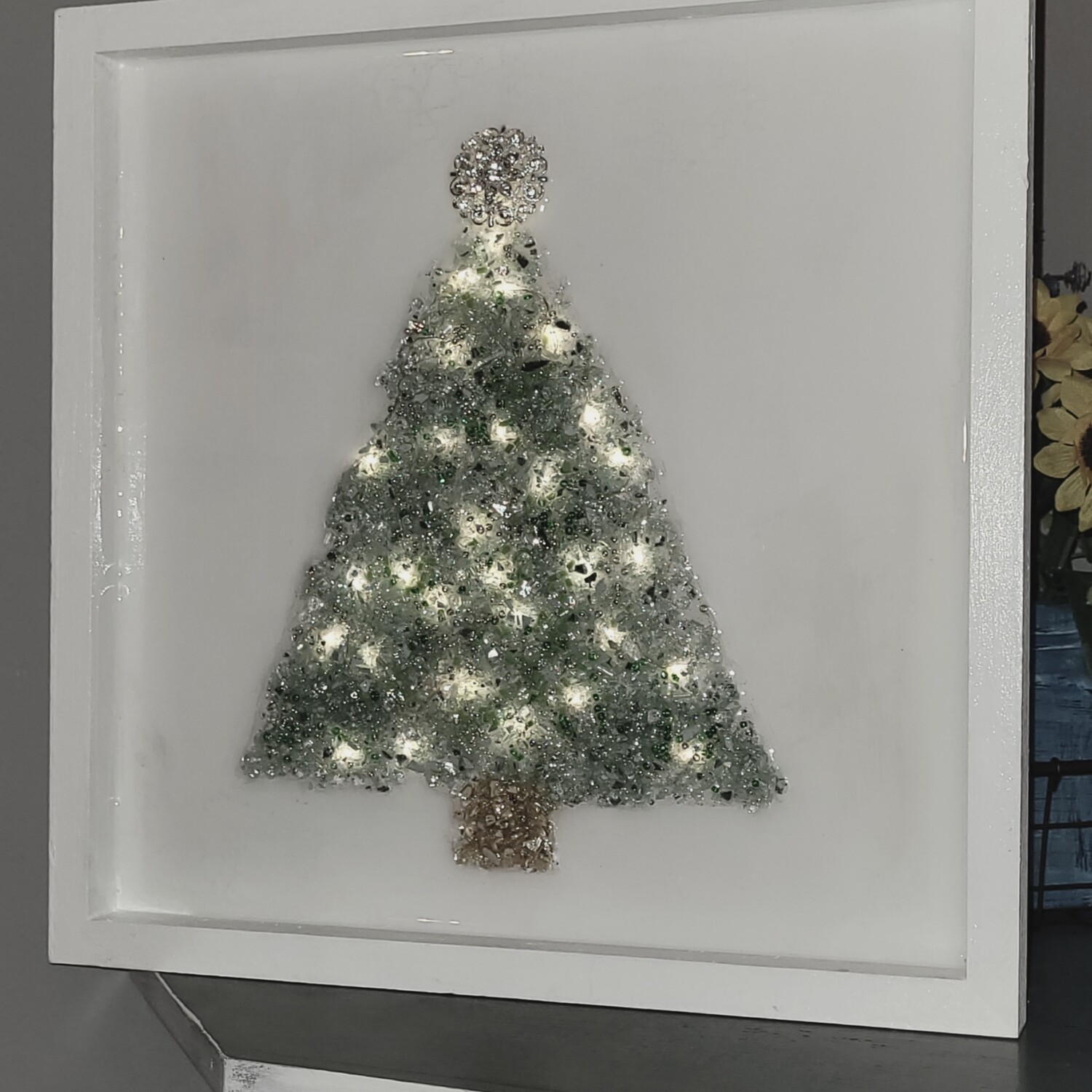 Crushed glass Christmas tree with lights shelf display