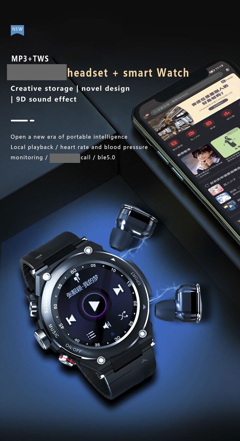 Oreboe Smart Watch with build in wireless earbuds 2 in 1.