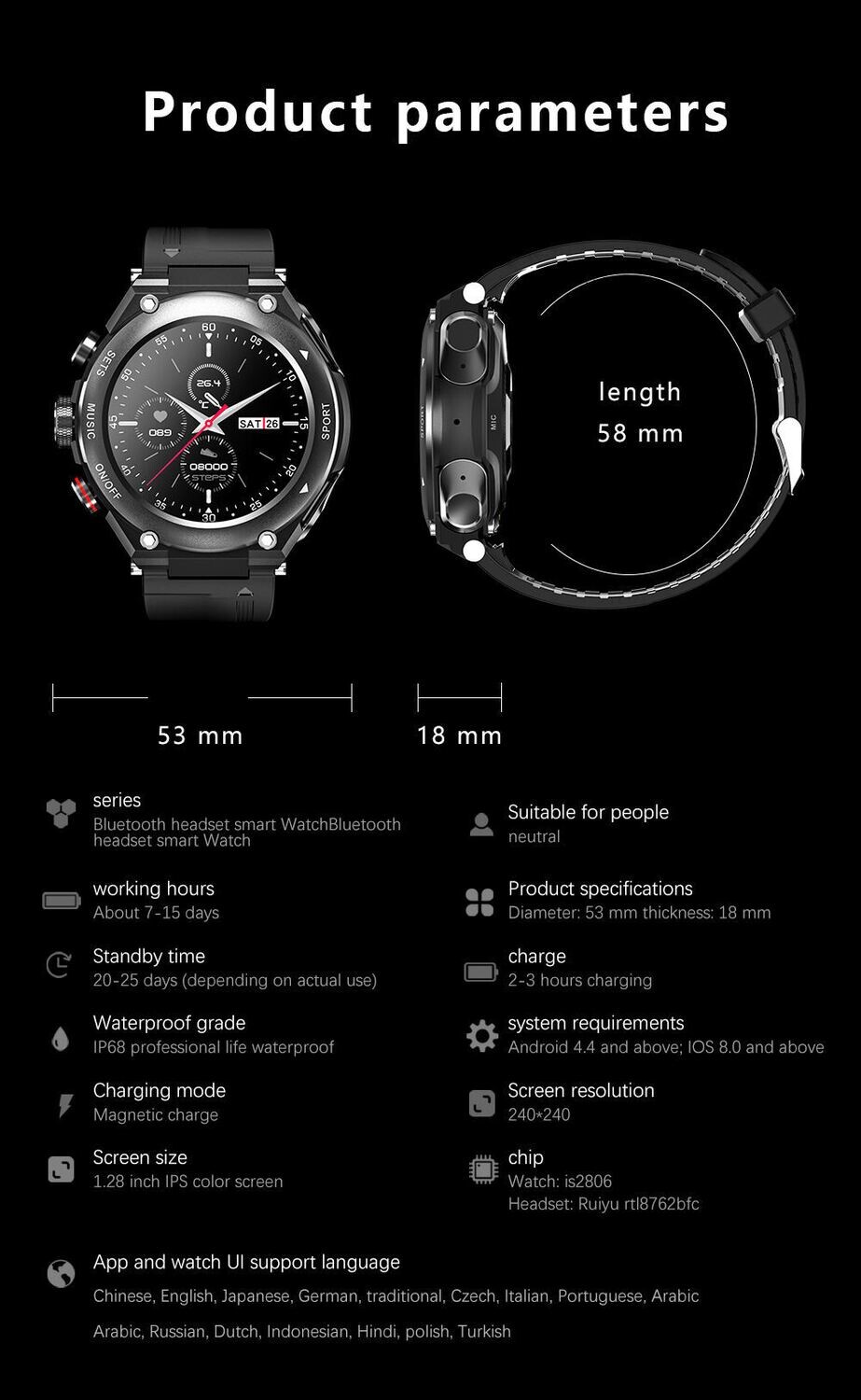 Oreboe Smart Watch with build in wireless earbuds 2 in 1.