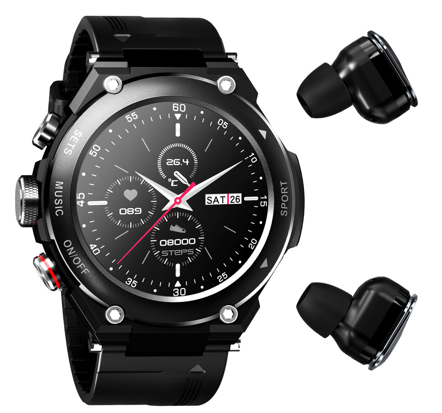 Oreboe Smart Watch with build in wireless earbuds 2 in 1.