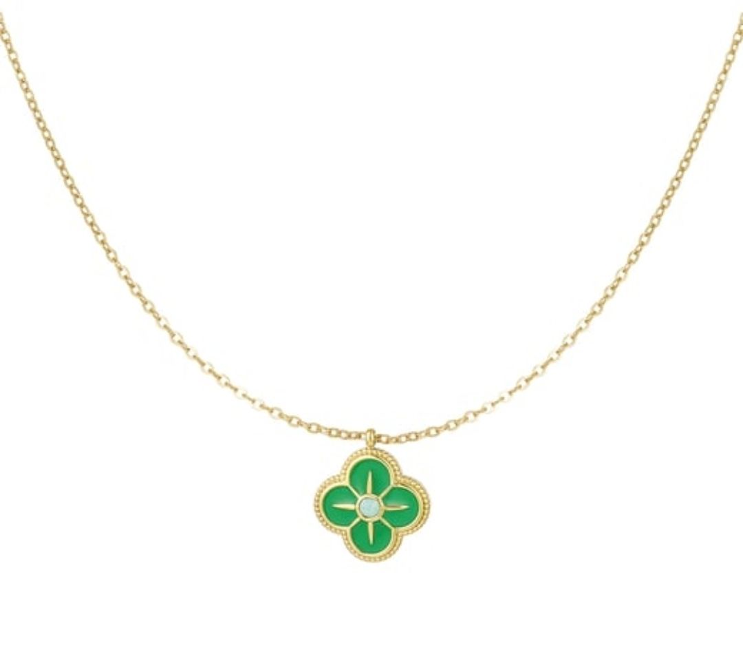 Klaver groen enamel ketting - Goud - rvs