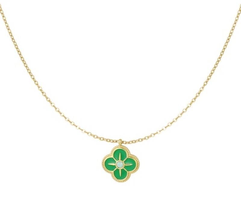 Klaver groen enamel ketting - Goud - rvs