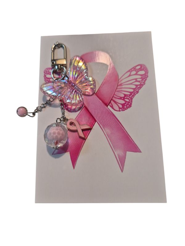 Pinkribbon vlinder ( Tas, sleutel )hanger met kaart.