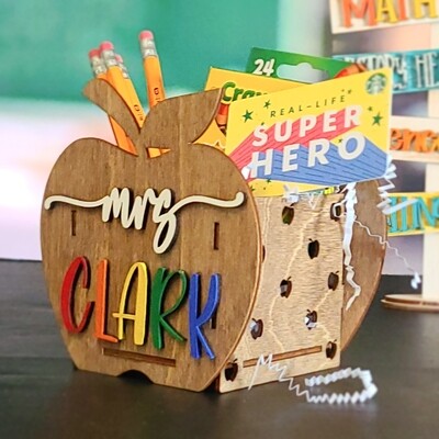 Personalized Teacher Apple Gift Box, Pencil Holder, Desk Organizer