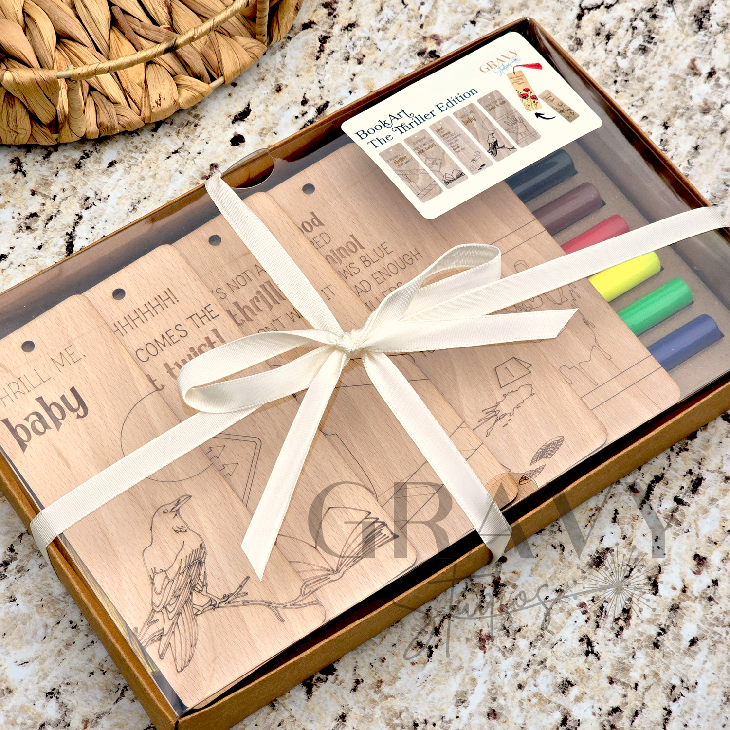a packaged set of wooden bookmarks
