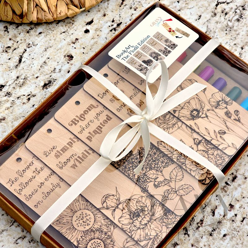 a packaged set of 5 wooden bookmarks