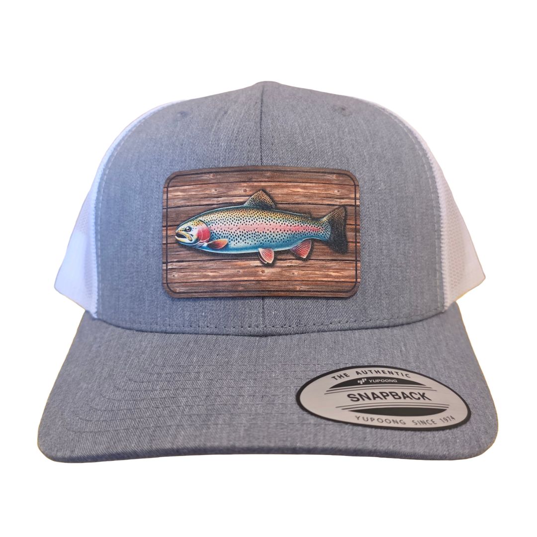 Wood Background Rainbow Trout Hat / Heather Gray / White