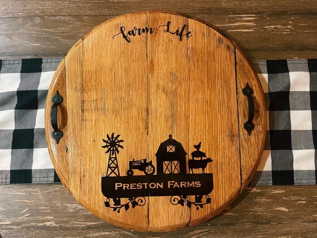 Bourbon Barrel head serving tray , charcuterie , or centerpiece, Farm Name