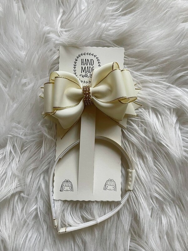 Girl Pearl & Gold Bow/w headpiece Girl Pearl & Gold Bow/w headpiece