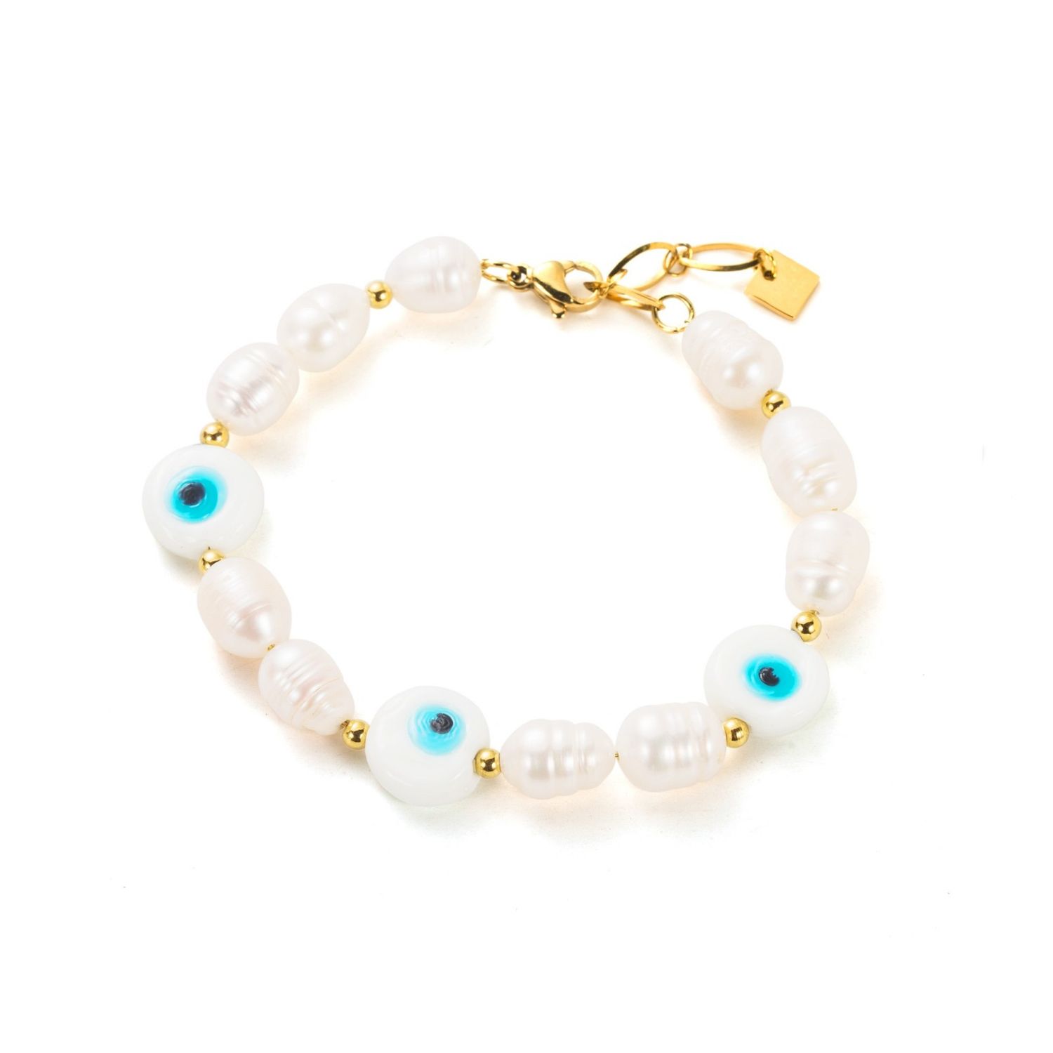 Armband mit Farandole - und  Nazar motiv aus Süßwasserperlen - Weiß