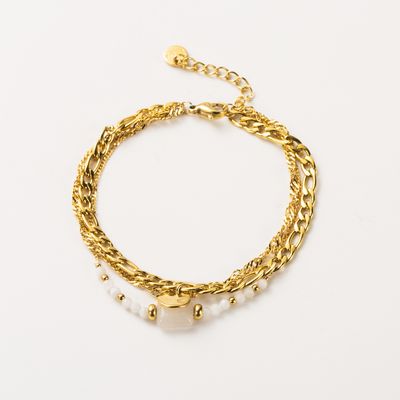 Mehrreihiges Armband mit rechteckigem Stein Anhänger - Weiß