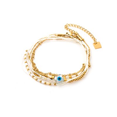 Mehrreihiges Armband mit Kleeblatt-Anhänger, Stoff und Perlen