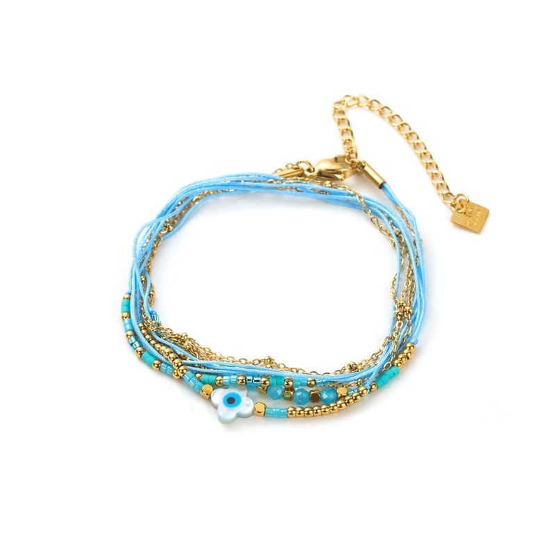 Mehrreihiges Armband mit Kleeblatt-Anhänger, Stoff und Perlen - Blau