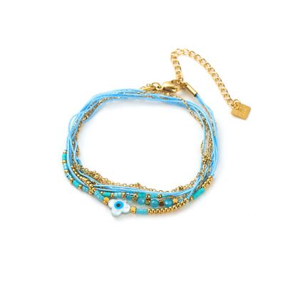Mehrreihiges Armband mit Kleeblatt-Anhänger, Stoff und Perlen - Blau