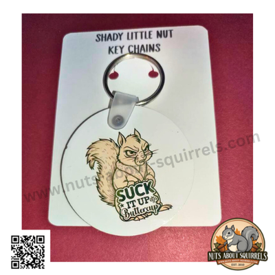 Gladys the Cranky Squirrel Bundle – “Suck it Up, Buttercup” Keychain + Sticker Set