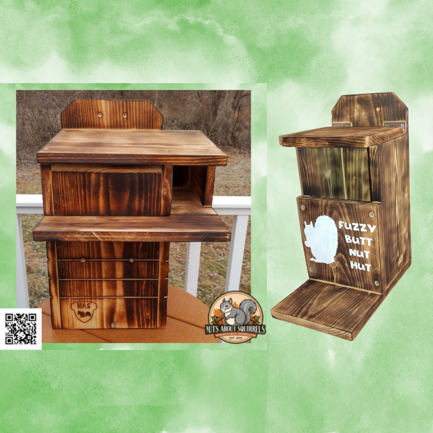 Squirrel Nesting Box with Wrap Around Side Porch,Scorched Finish And Feeder