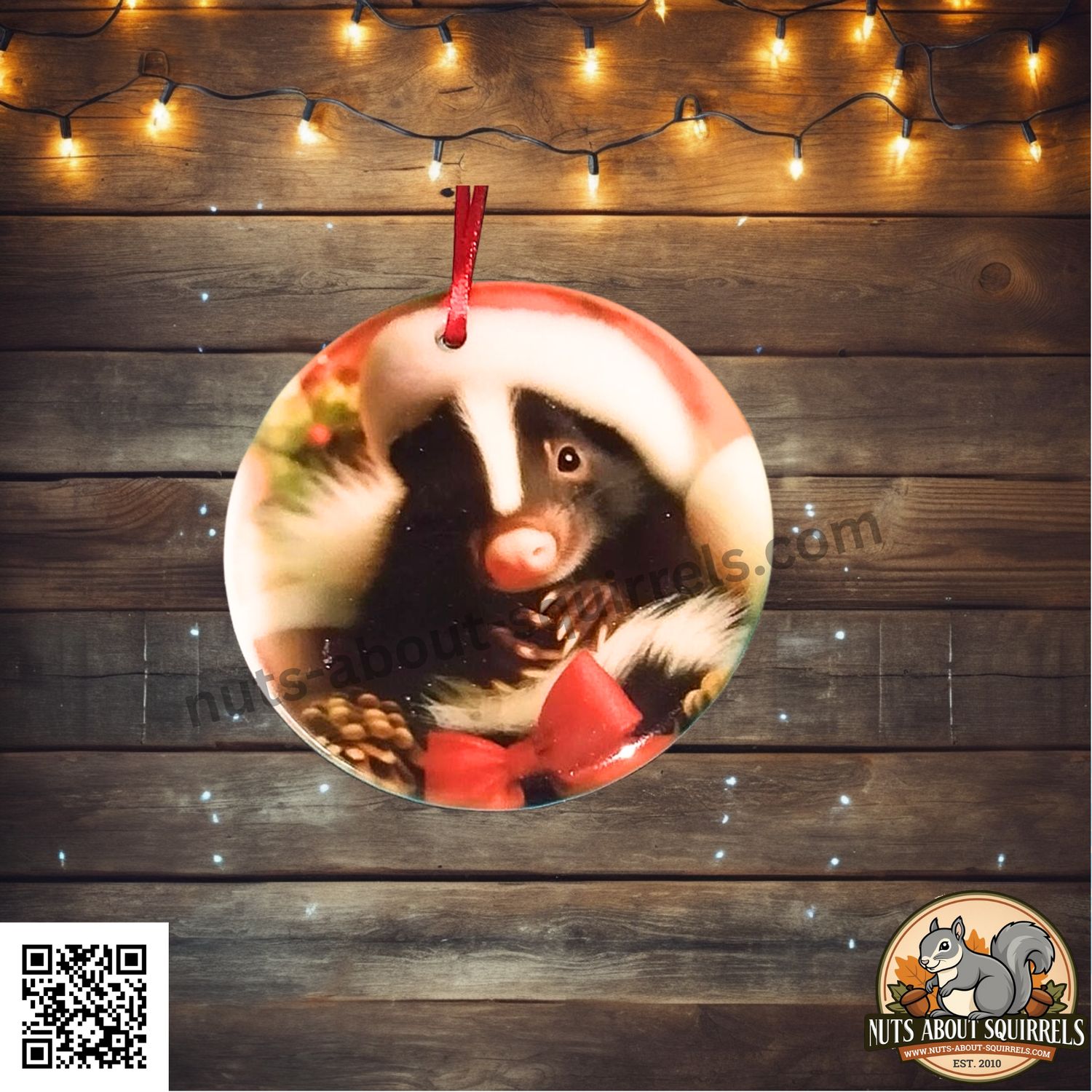 Ceramic Santa Skunk Christmas Ornament – Handmade Holiday Tree Decor – Cute Skunk Lover Gift