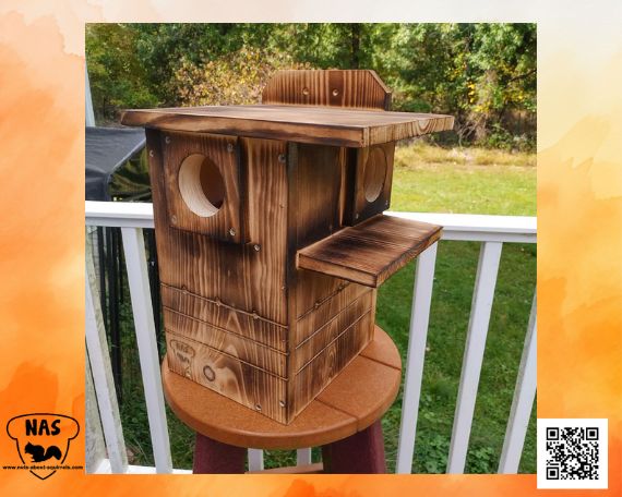 Wildlife Rehab Approved Dual-Entrance Squirrel Nest Box – Scorched FSC Pine, Side Porch, Interior Predator Guard-Easy Clean-Out