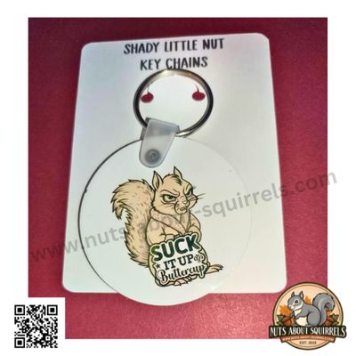 Gladys the Cranky Squirrel Bundle – “Suck it Up, Buttercup” Keychain + Sticker Set