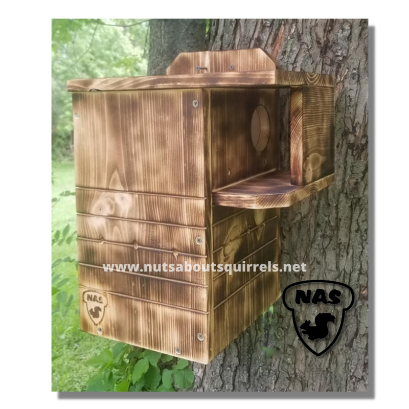 Wildlife Rehab‑Approved Scorched FSC Pine Squirrel Nesting Box with Covered Side Porch