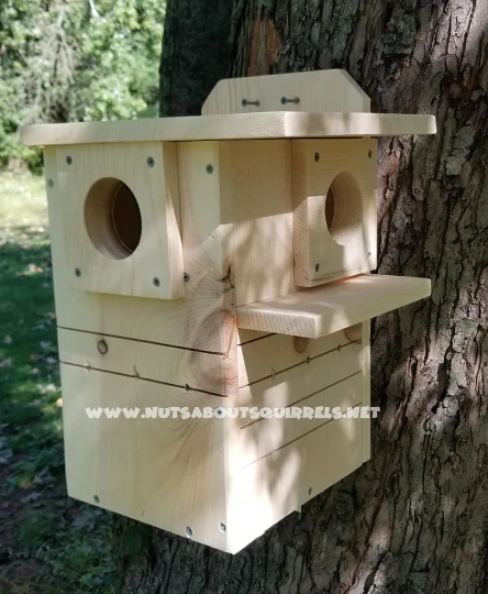 Dual-Entrance Squirrel Nest Box – Rehab Approved for Flying Squirrels, Red Squirrels, Fox Squirrels and Gray Squirrels–Side Porch–Interior Predator Guard-Easy Clean-Out