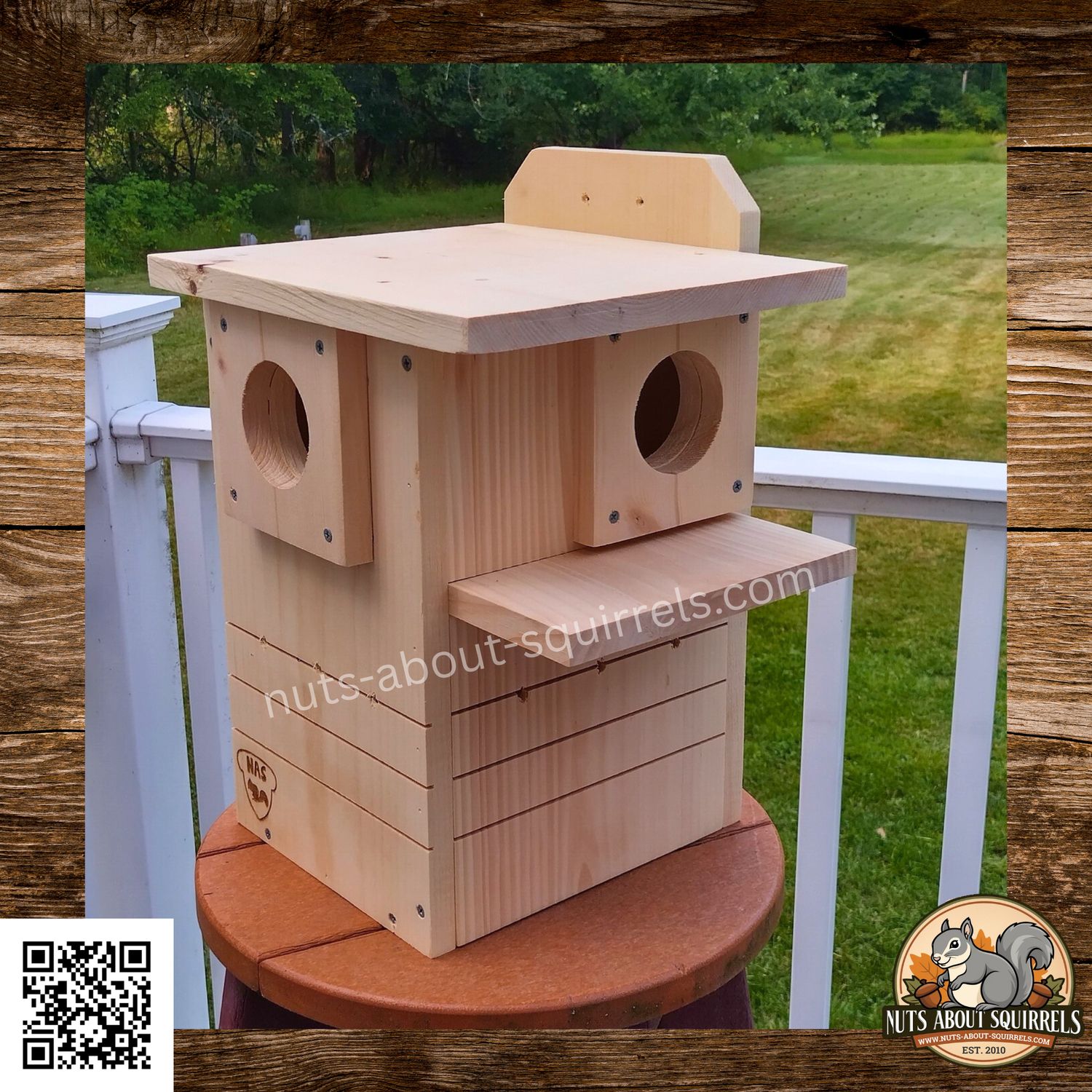Dual-Entrance Squirrel Nest Box – Rehab Approved for Flying Squirrels, Red Squirrels, Fox Squirrels and Gray Squirrels–Side Porch–Interior Predator Guard-Easy Clean-Out