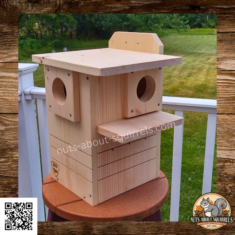 Dual-Entrance Squirrel Nest Box – Rehab Approved for Flying Squirrels, Red Squirrels, Fox Squirrels and Gray Squirrels–Side Porch–Interior Predator Guard-Easy Clean-Out