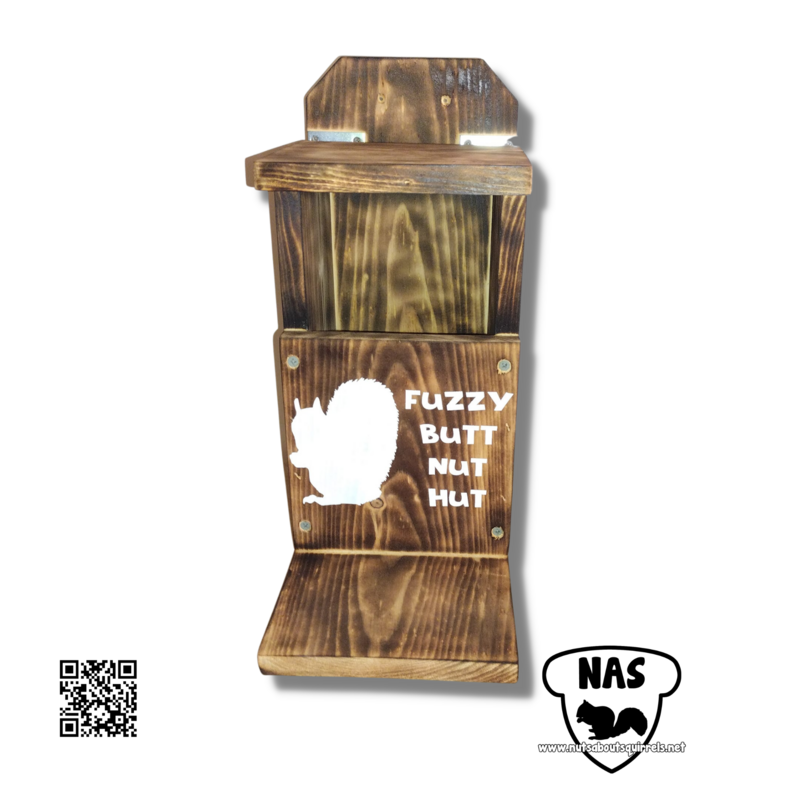 “Fuzzy Butt Nut Hut” Squirrel Feeder – Handmade Scorched Pine Feeder Box with Hinged Roof