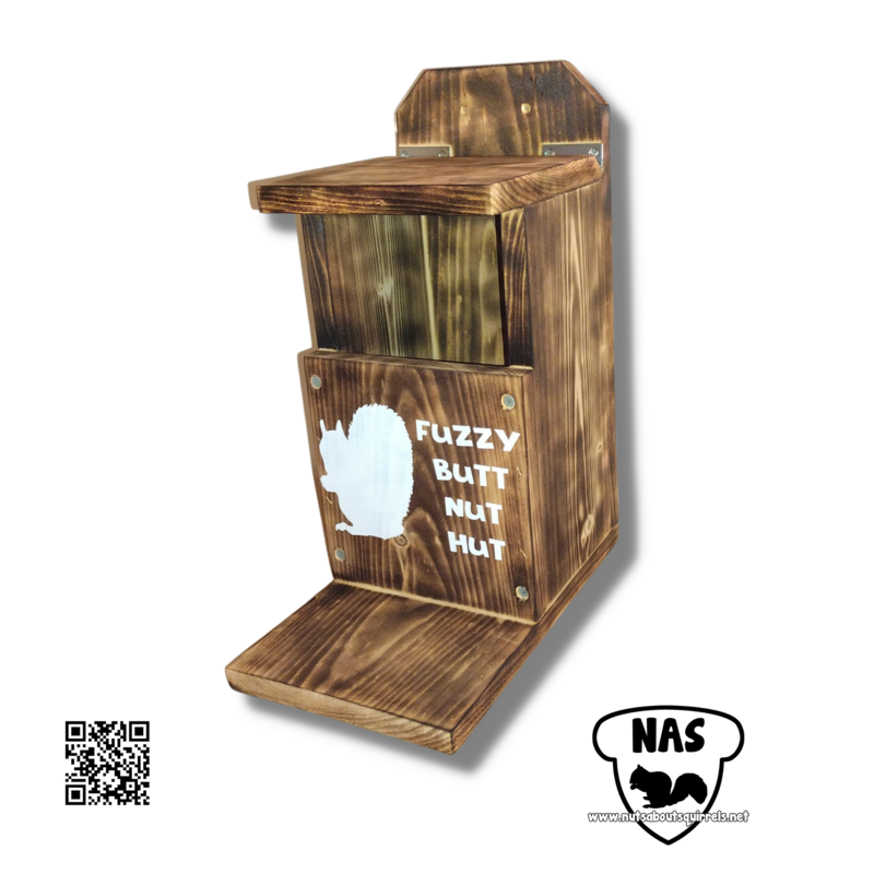 “Fuzzy Butt Nut Hut” Squirrel Feeder – Handmade Scorched Pine Feeder Box with Hinged Roof