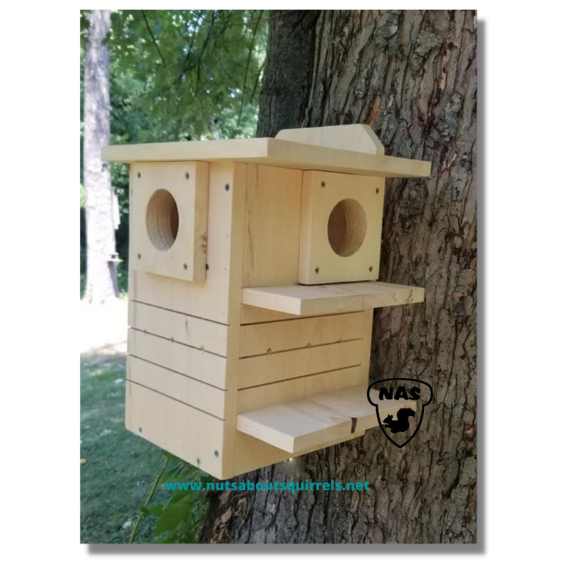 Dual Porch Squirrel Nest Box – Two Entrances –  Predator Guard – Handmade, Rehabber-Trusted Squirrel Shelter