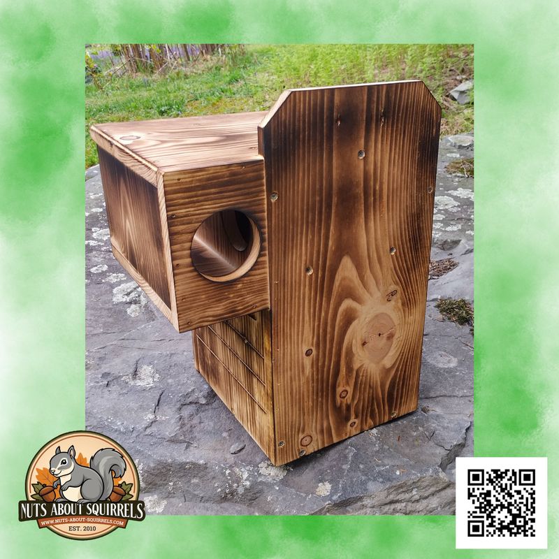 Wildlife Rehab Approved Dual-Entrance Squirrel Nest Box – Scorched FSC Pine, Side Porch, Interior Predator Guard-Easy Clean-Out