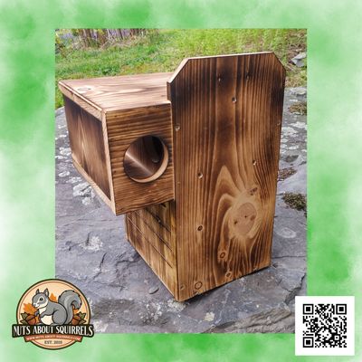 Wildlife Rehab Approved Dual-Entrance Squirrel Nest Box – Scorched FSC Pine, Side Porch, Interior Predator Guard-Easy Clean-Out