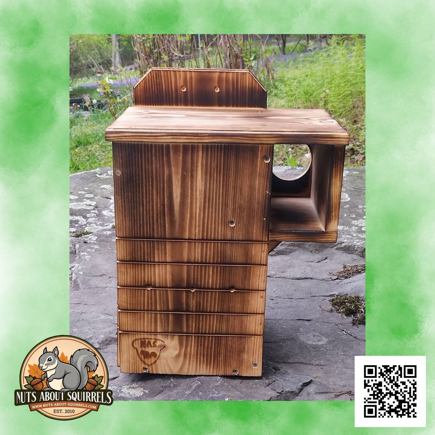 Wildlife Rehab Approved Dual-Entrance Squirrel Nest Box – Scorched FSC Pine, Side Porch, Interior Predator Guard-Easy Clean-Out