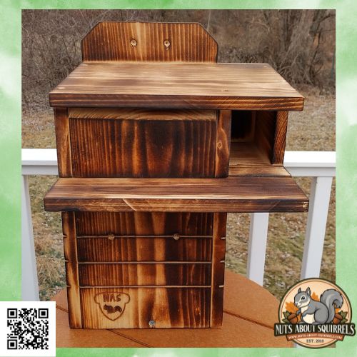Squirrel Nesting Box with Wrap-Around Side Porch – Handmade Gray Squirrel Shelter – Rehabber-Approved - Scorched Finish