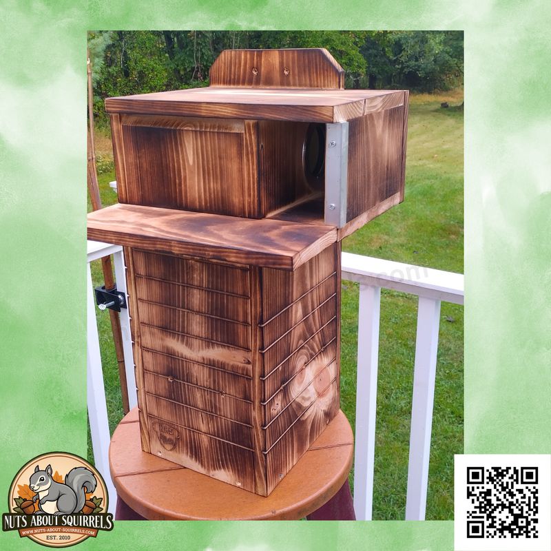 Squirrel Nesting Box – Scorched Finish-Enhanced Metal Guards with Predator-Resistant Entrance – Rehab Approved for Gray Squirrels, Red Squirrels, Fox Squirrels and Flying Squirrels