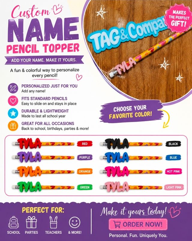 Personalized Name Pencil Topper | Custom 3D Printed Pencil Accessory | Back to School Gift | Student Teacher Classroom Favor