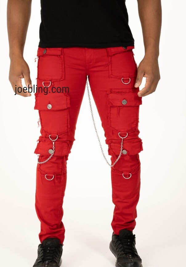 URBAN DENIM - RED STRETCH CARGO &amp; CHAIN