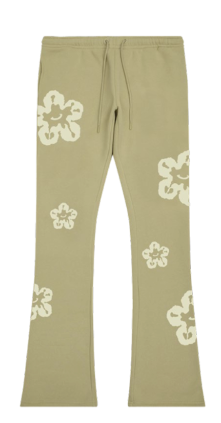 FLORAL TEAR DRIP FLEECE STACKED PANTS MILLITARY GREEN