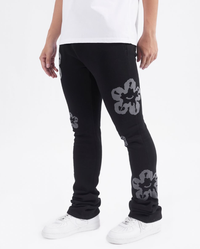 FLORAL TEAR DRIP FLEECE STACKED PANTS BLACK