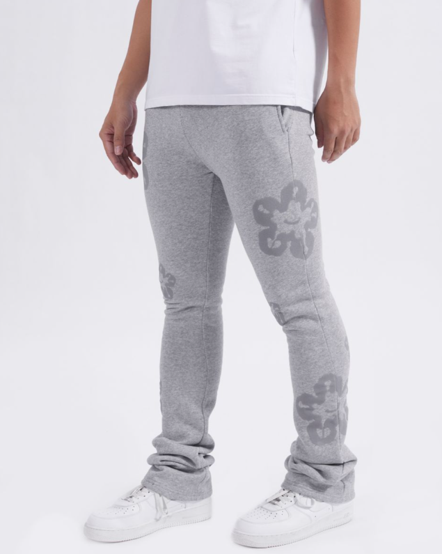 FLORAL TEAR DRIP FLEECE STACKED PANTS HEATHER GREY